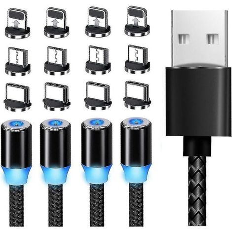 Lot de 4 câbles magnétiques, rotation 360°, embouts 3 en 1, charge USB, pour smartphone (1/5)