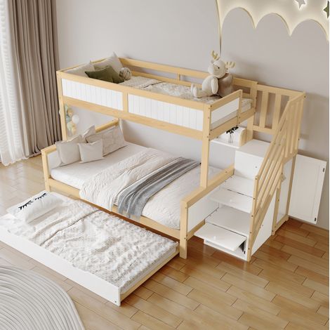 Letto a castello 90x200 cm e 120x200 cm, letto a castello per bambini con rete, letto estraibile, armadio, scala angolare, bianco e naturale