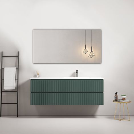Mobile bagno sospeso cannettato 140 cm Verde Comodoro Lavabo a Destra in Resina Specchio Quadro - Fiji Paint