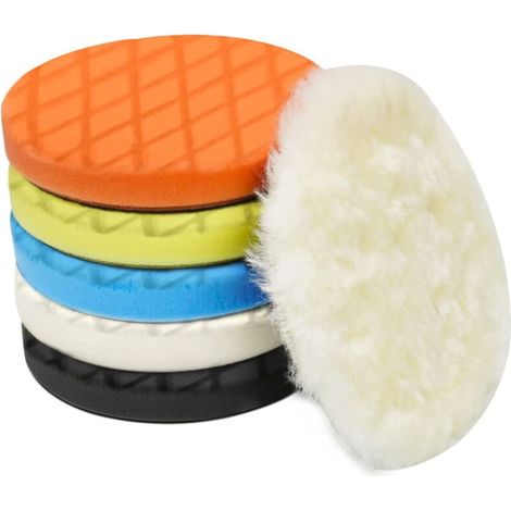 Lot de 6 tampons de polissage de 5.6 pouces de 140 mm pour plaque arrière de 5 pouces - Éponge et tampons de laine - Kit de polissage pour tampon de voiture - Polisseur, polissage et cire