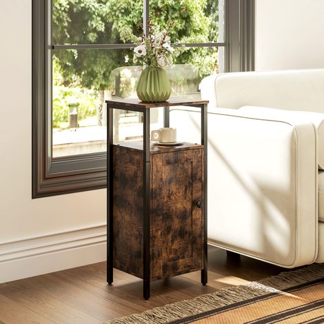 Table d'appoint avec espace de rangement, 2 étagères ouvertes, réglable en 3 positions, porte magnétique, marron