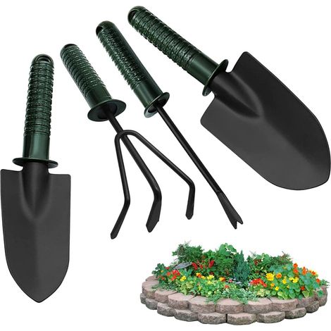 Pelles de jardin, ensemble de 4 outils à main de plantation robustes avec poignées ergonomiques Kit de pelle à main succulente avec nettoyeur de mauvaises herbes et râteau, outil de desserrage du sol (1/4)