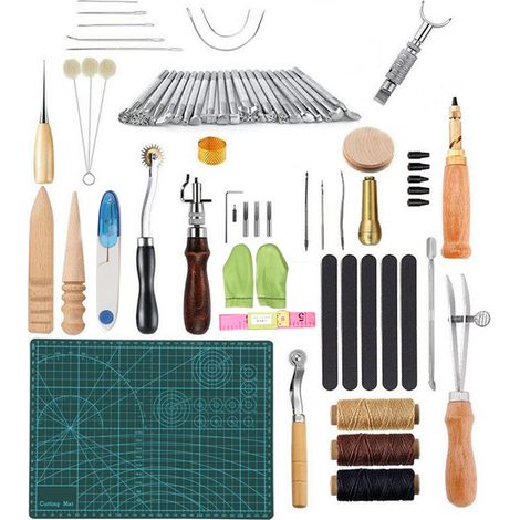 Kit de 50 outils pour travaux manuels en cuir et couture à la main : aiguille, cire, fil, poinçon. (1/5)