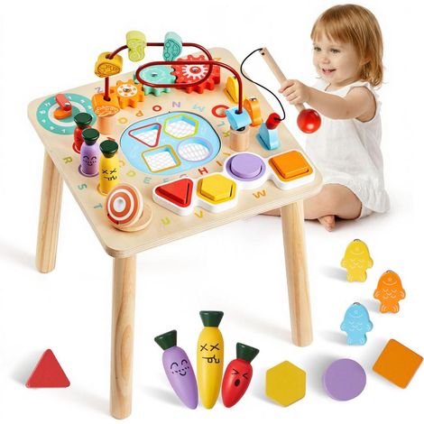 Structure en Bois Table d'Activité Montessori Bébé 8 Jeux d'Éveil et Coordination à la Maison (1/5)