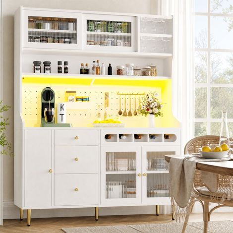 Aparador alto 145 x 39 x 171 cm con LED y botellero, blanco OKMYHOME (1/5)