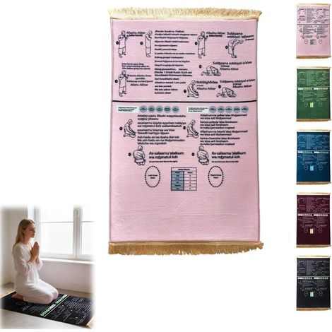 Tapis de prière Janamaz bilingue avec instructions Salah (français non garanti), tapis d'apprentissage étape par étape pour les nouveaux musulmans convertis et les enfants pour la maison et les