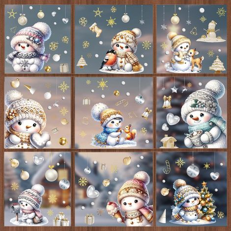 Set mit 195 Weihnachtsfensteraufklebern, Schneemann-Motiv, 9 elektrostatischen PVC-Folien, Schneeflocken-Motiv, wiederverwendbar (1/5)
