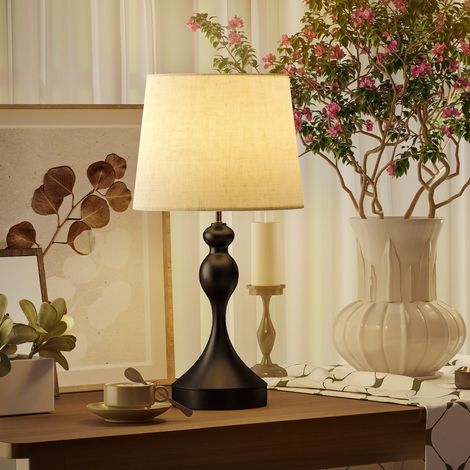 Lámpara de mesa LED con 3 temperaturas de color, lámpara de noche con puertos de carga USB A+C, pantalla de lino, color negro.