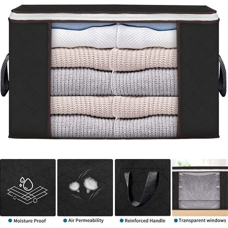 Grands sacs de rangement, placard organisateurs pliables avec poignée renforcée en tissu épais pour couettes, vêtements, literie, couvertures, Noir (1/5)