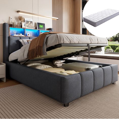 Cama baúl 90x200 cm en lino gris, LED/USB, ahorro de espacio para dormitorio, con colchón – MEUBLIV (1/5)