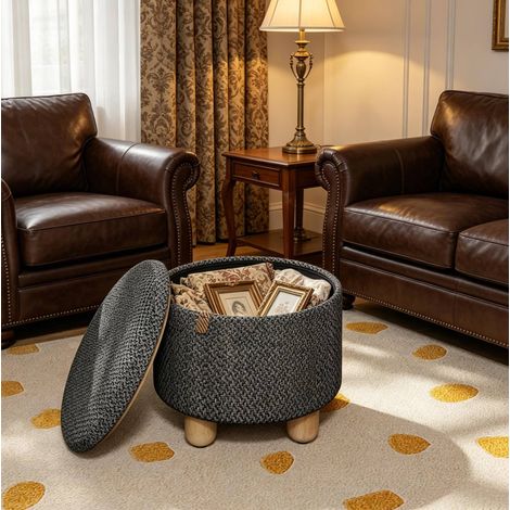 Pouf rond de rangement 21,5 L avec plateau réversible, Ø 39 x H 33 cm, gris foncé (1/5)
