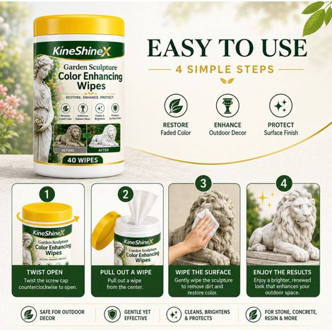 KineShineX Outdoor Sculpture Care Wipes - Clean, Brighten, and Remove Stains from Garden Stone Statue Ornaments (1/4)