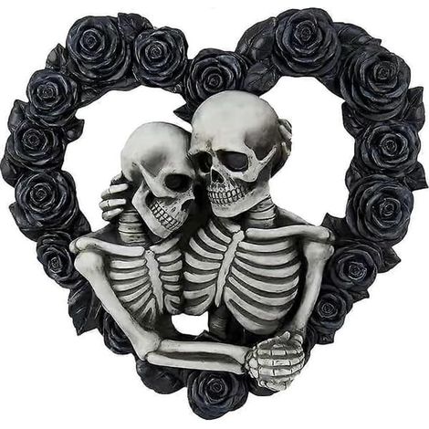 Couronne de porte, couronne d'Halloween avec couple de crânes, pendentif rose noire, numéro de maison, couronne de roses gothique en forme de cœur, idéale pour décorer une porte d'entrée. (1/5)