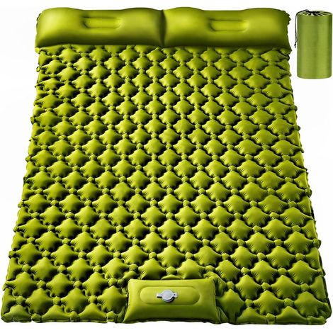 Matelas de sol autogonflant ultra-léger de 10 cm d'épaisseur, extra épais, pour 2 personnes, tapis de camping portable avec oreiller et pompe à pied intégrée (jaune militaire) (1/5)