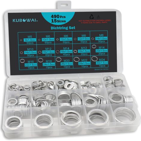 490 Pcs Joints de Vidange en Aluminium Kit, Jeu de Joints Plats, Bouchon de Vidange D'huile avec Boîte D'assortiment, M5, M6, M8, M10, M12, M14, M16, M18, M20, M22, M24 (15 Tailles) (1/5)