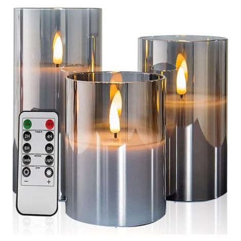 Set mit 3 flammenlosen, flackernden grauen Glaskerzen mit Fernbedienung, beweglichem Docht, batteriebetrieben, realistisch warmem Licht (1/5)