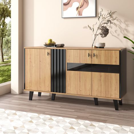 Sideboard 140/78,5/41 cm in Holzoptik und Schwarz mit 3 Türen und LED (1/5)