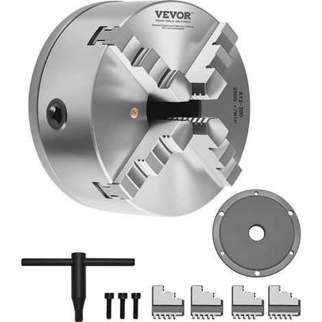 VEVOR Mandril de Torno de 4 Mordazas Diámetro Exterior de 200 mm, Autocentrante con Placa de Soporte Roscada, Rango de Sujeción de 4-200 mm con Tornillos de Llave en T para Torno de Madera y Metal