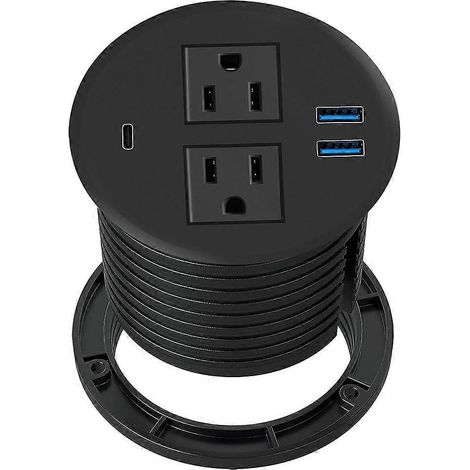 Multiprise de bureau avec ports USB, noire, comprenant 2 prises secteur, 2 ports USB et 1 connecteur d'alimentation PD. (1/4)