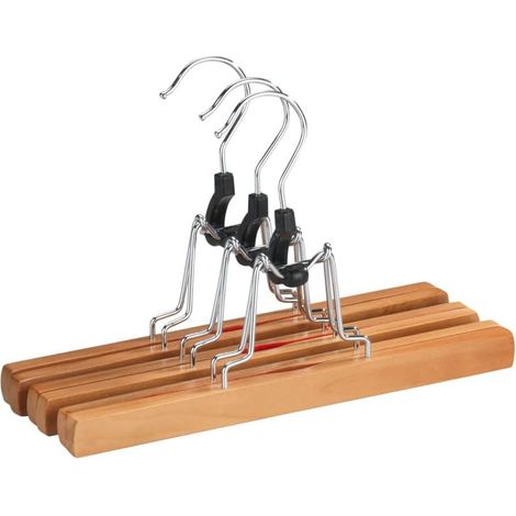 Cintre à pinces pour pantalons - Lot de 3 - Bois naturel marron - Mécanisme charnière robuste - Pour dressing et armoire - 25 x 16,5 x 2,2 cm (1/5)