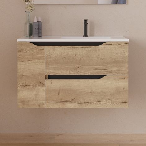 Meuble sous vasque seul, 2 tiroirs et 1 porte, 80cm, pour vasque déportée droite - madera miel (bois clair) - ZARZA