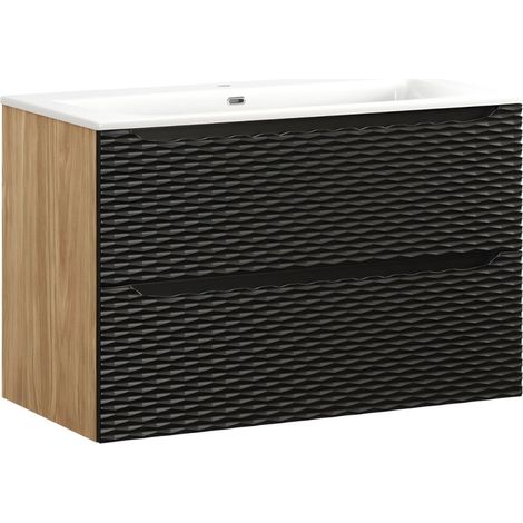 Conjunto de cuarto de baño YOKA negro: mueble bajo lavabo con cajones 90 cm + lavabo para encastrar