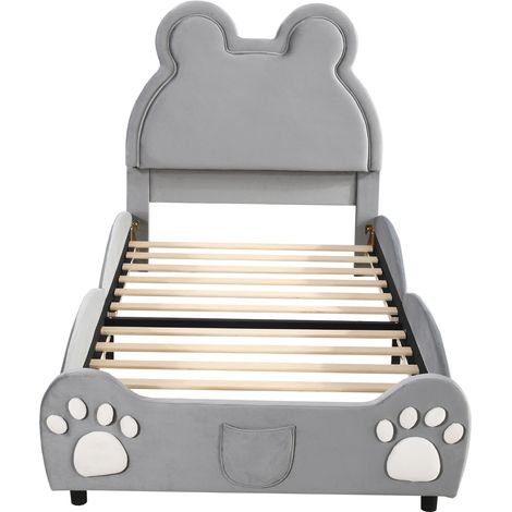Letto per bambini imbottito a forma di orso 90 x 200 cm grigio in morbido velluto (1/5)