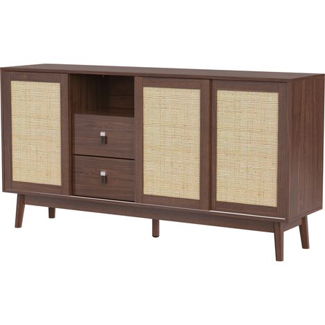 Buffet avec 3 portes coulissantes en rotin véritable et 2 tiroirs, 155 x 38 x 80 cm, aéré, stable et polyvalent