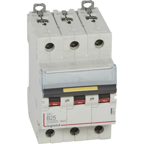 Disjoncteur DX³10000 16kA arrivée haute et départ bas à vis 3 Pôles 400V 25A courbe B 3 modules LEGRAND 409010 (1/2)