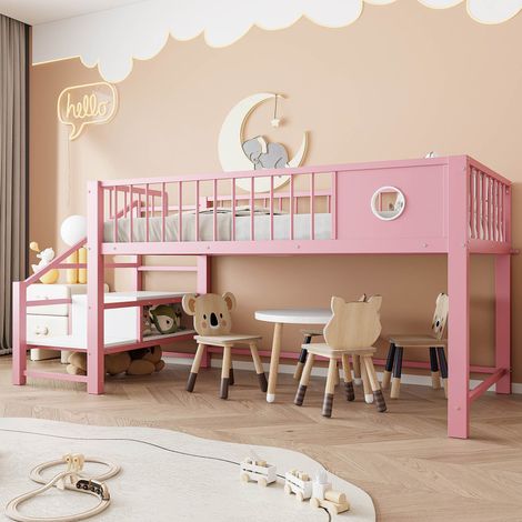 Lit mezzanine enfants 90 x 200 cm avec échelle de rangement Cadre en Métal - Rose (1/5)