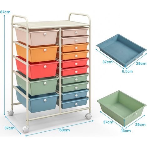 Carrito con ruedas de 15 cajones y estructura metálica, multicolor, 63 x 37 x 87 cm