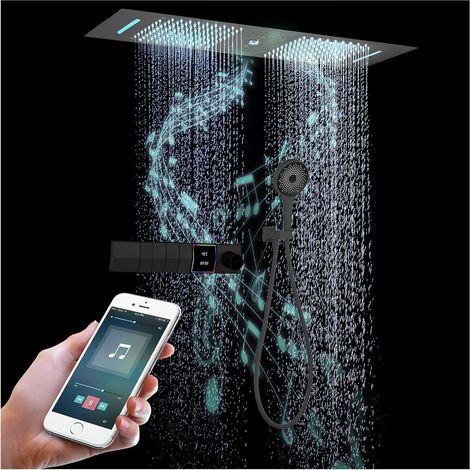 Colonne De Douche Thermostatique, 300x900mm LED 64 Couleurs 4 Fonctions SystèMe De Douche EncastréE, Acier Inoxydable 304, Pluie, Cascade, Colonne D'Eau, Douchette 3 Fonctions(Noir) (1/5)