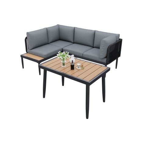 Salon exterieur angle table repas tressage corde acier galvanise