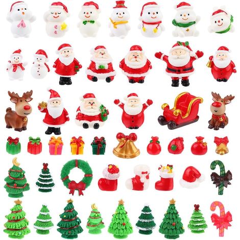 Figurines miniatures de Noël Peerless (48 pièces) - Décoration de bureau en résine - Ornements miniatures - Père Noël, bonhomme de neige, renne, sapin, cloche, bonnet rouge, chaussettes (1/5)