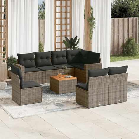 9-tlg. Garten-Sofagarnitur mit Kissen Grau Poly Rattan (1/3)