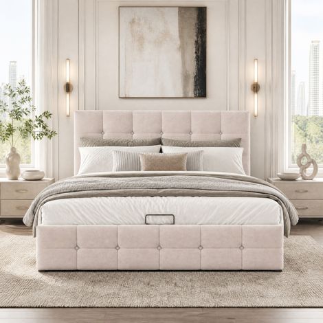 Lit coffre 140x200 capitonné, velours crème HAVRYA (1/5)