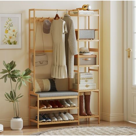 Porte-manteau sur pied en bambou naturel avec 10 crochets, 104 x 33 x 175 cm, banc rembourre, range-chaussures (1/5)