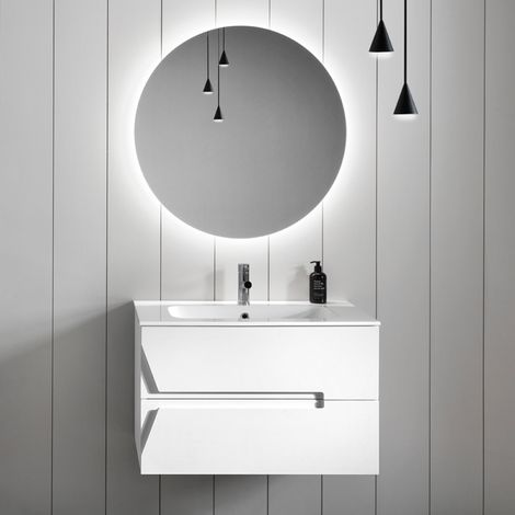 Mobile sospeso bagno 80 cm Larice Bianco con lavabo e specchio LED - HAITI (1/5)