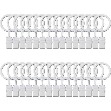 Anillas para cortinas con clips metálicos - Se adaptan a todas las barras de cortina - Diámetro interior de 32 mm - Color blanco - 30 unidades (1/5)