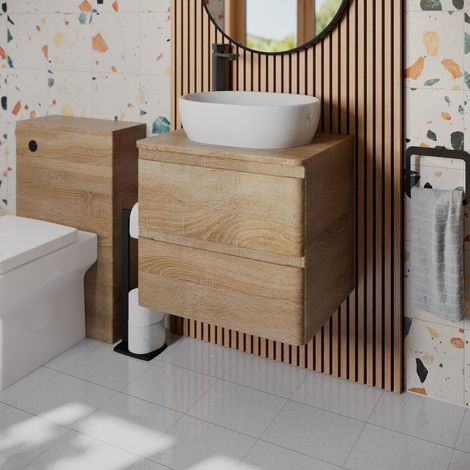 Bathroom Cloakroom Vanity Unit Wall Hung Countertop Wash Basin Wood 600mm (1/5)