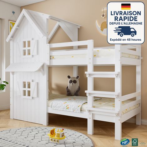 Letto a castello per bambini 90 x 200 cm bianco con finestre e tetto, sponde laterali, scaletta dritta a 3 gradini, doghe robuste, legno + MDF (1/5)