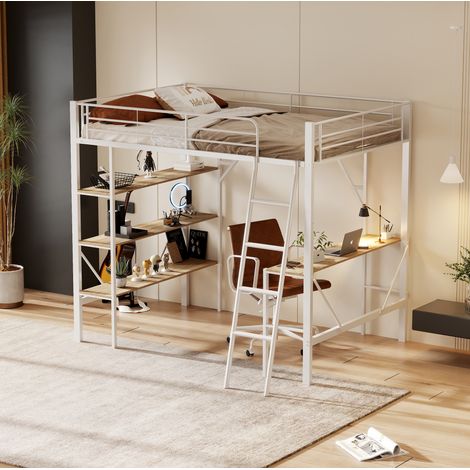 Letto a Soppalco 90x200 cm con Scrivania e Ripiani in Metallo Bianco (1/5)