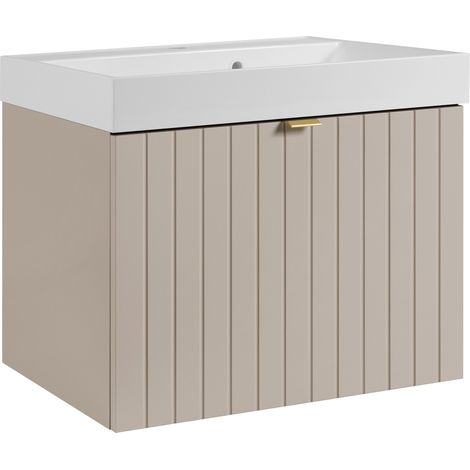 Meuble vasque suspendu HARMO 60 cm avec vasque encastrée en résine Façade rainuré cachemire (1/5)