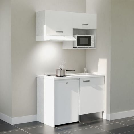 Kitchenette K02L-PT - 120 cm - plan stratifié, évier inox, - Façade Blanc - Plan Blanc - Crédences Non + Electroménager inclus coloris Blanc
