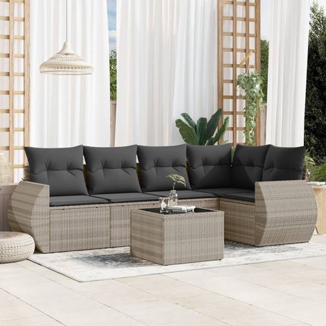 6-tlg. Garten-Sofagarnitur mit Kissen Hellgrau Poly Rattan (1/3)