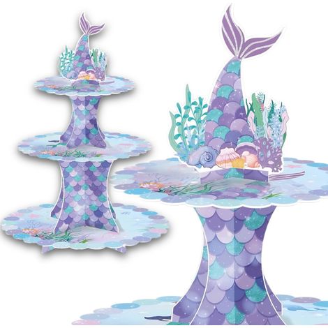 Présentoir à cupcakes sirène à 3 étages, tour à desserts en carton violet sur le thème sous-marin, idéale pour les anniversaires de filles, les baby showers et les fêtes sur le thème des sirènes. (1/5)