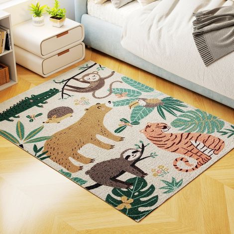 Tapis en polaire avec motif jungle, facile d'entretien, blanc crème + multicolore (1/5)