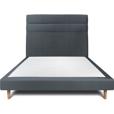 Lit 150x190cm avec tête de lit lignes velours et sommier tapissier gris anthracite - Hauteur totale : 29cm (1/5)