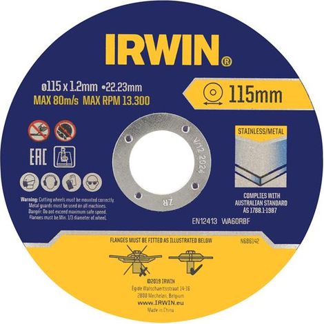 Irwin IW8082105 Metal Cutting Disc, 115mm Diameter x 1.2mm Thickness x 22.2mm Arbor Size, Pack of 10 (1/2)