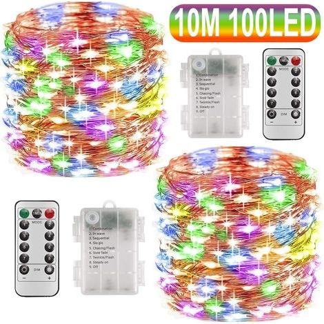 2 guirnaldas de luces LED de 10 m a pilas, 100 LED, función de temporizador con mando a distancia, resistentes al agua IP65, decoración para interiores y exteriores para Navidad, bodas, fiestas, hogar (1/4)